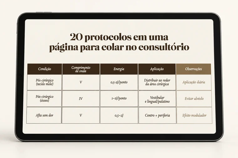 Quadro de consulta rápida com os 20 protocolos em uma página, aberto em um tablet